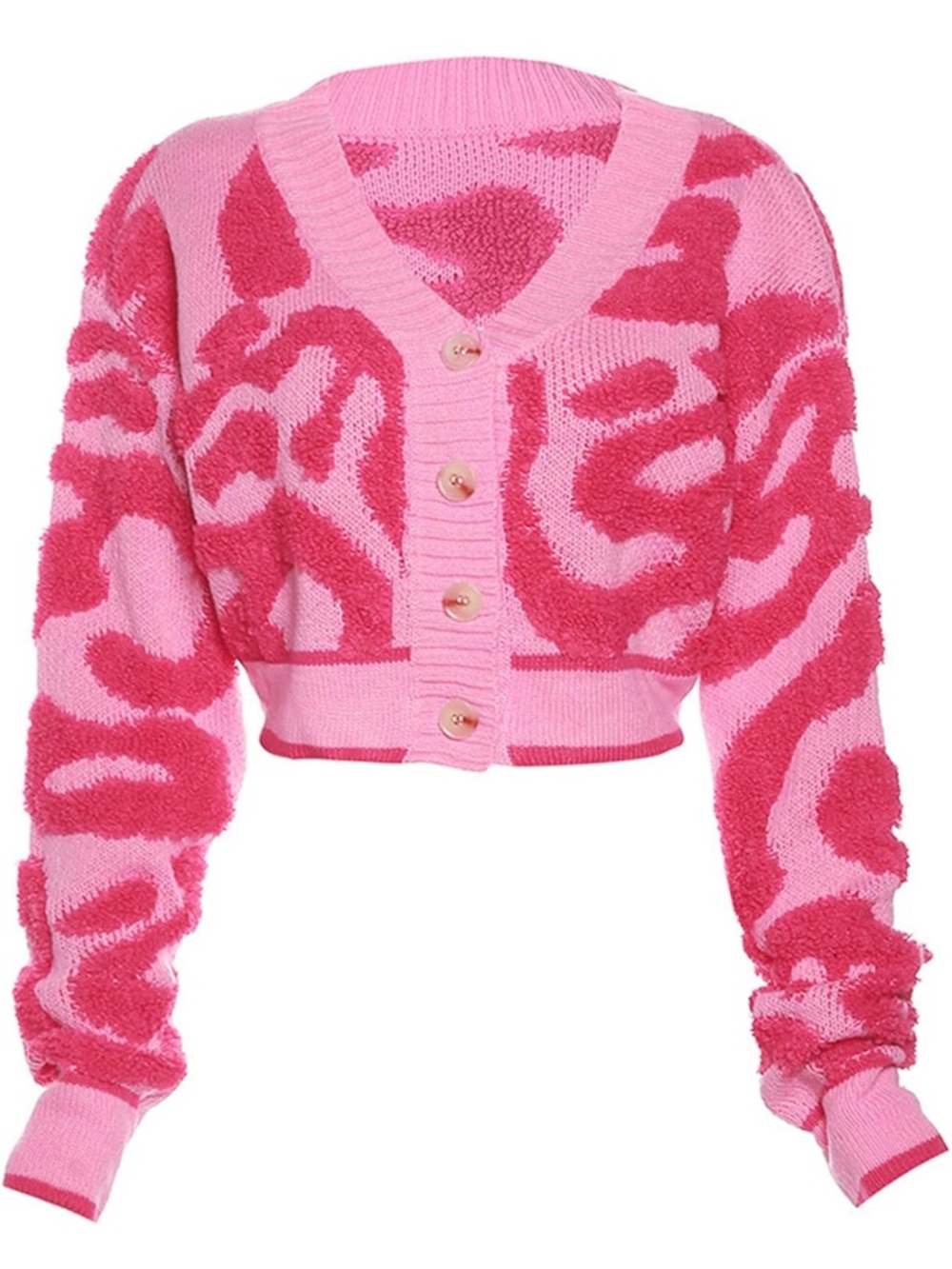 Pink Patterned Cropped V-Neck Cardigan Sweater
